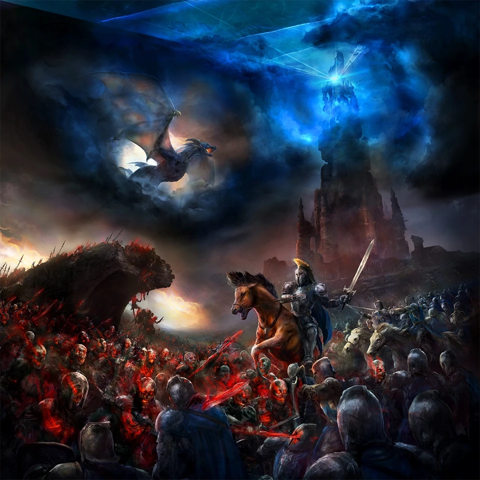 A knight on horseback fighting an army of undead with a dragon in the sky and and a tower with mystical lights emanating from the top